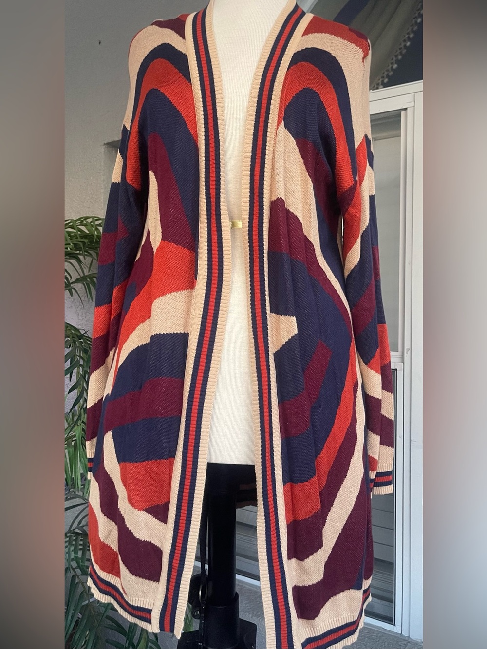 Open-Front Colorblock Knit Cardigan in Navy, Red & Cream